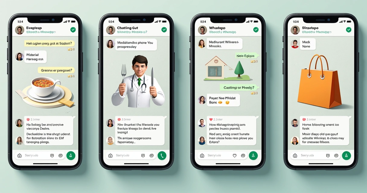 WhatsApp mostrando diferentes fluxos para segmentos variados como comida, saúde, imóveis e lojas 