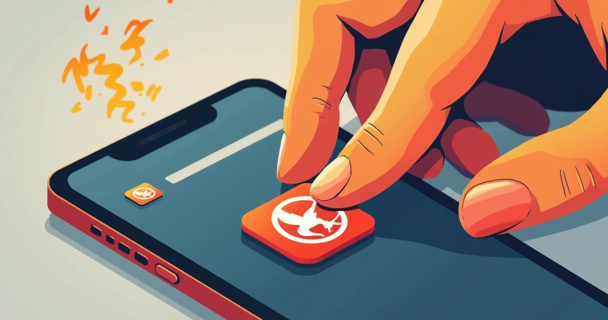 Mão trocando o ícone do app por outro com símbolo de Jogos Vorazes em tela de smartphone. 
