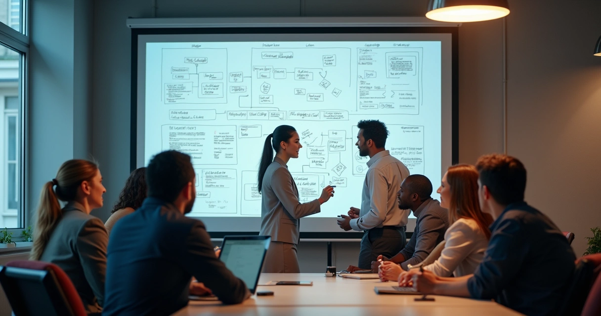 Equipe discutindo fluxos personalizados para agentes de IA em uma lousa digital 