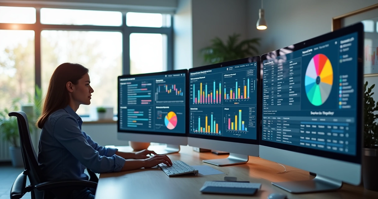 Pessoa analisando gráficos e dados em múltiplas telas digitais com interface intuitiva de jornada do cliente 