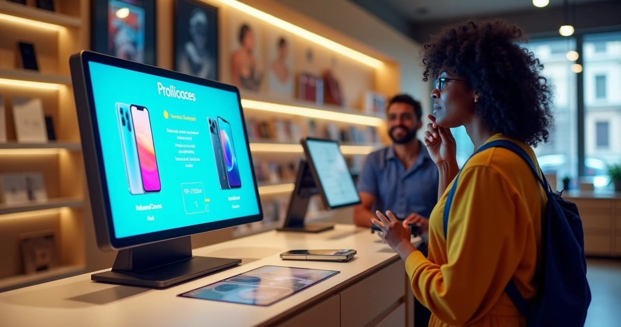 Cliente recebendo recomendações personalizadas em loja de celular 