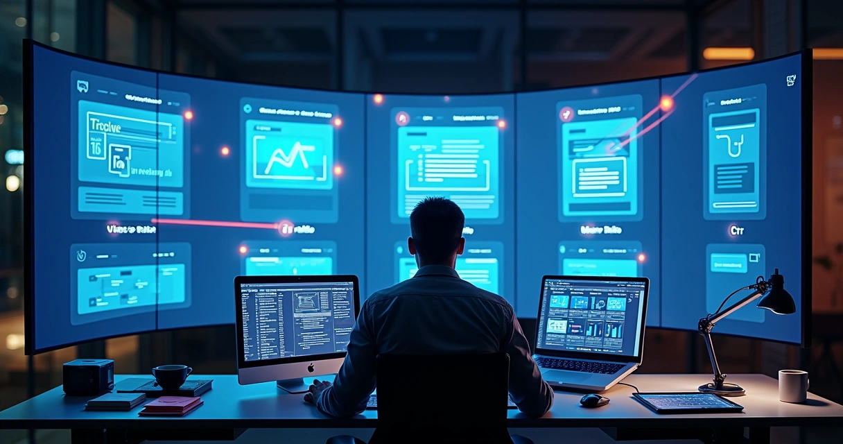 Painel com diversas versões de uma mesma landing page conectadas a diferentes canais de tráfego 