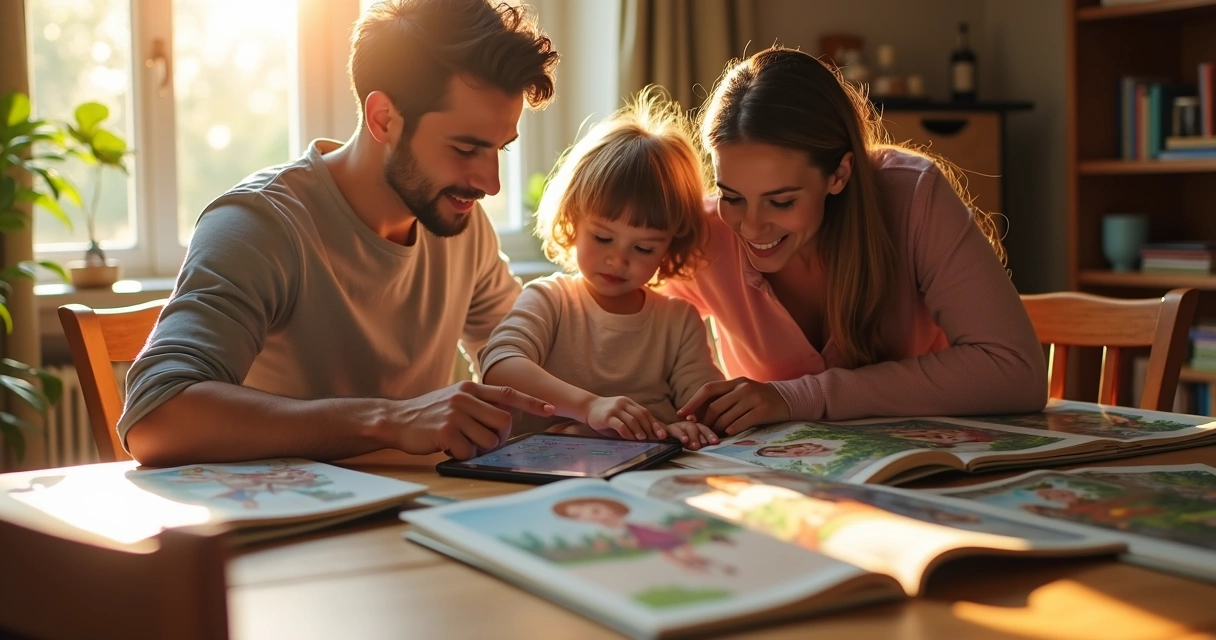 Família personalizando livro infantil em tablet 