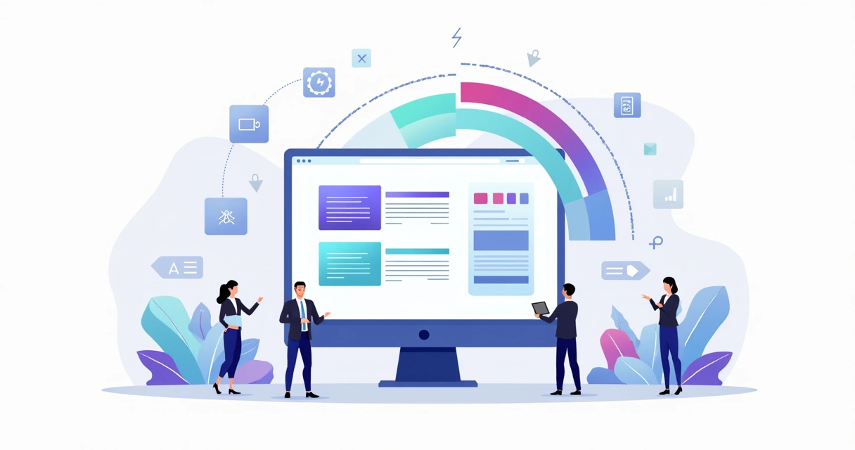 Interface de landing page sendo personalizada com blocos coloridos e indicador de velocidade elevado 