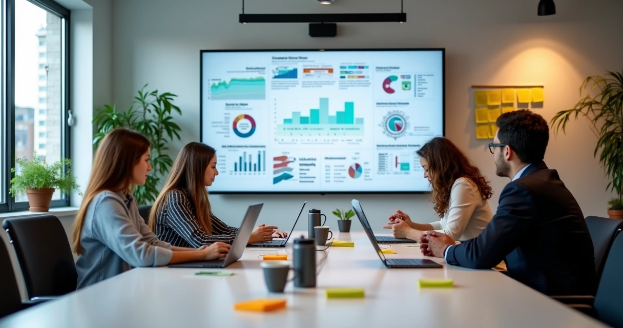 Equipe planejando ações personalizadas de marketing visualizando gráficos
