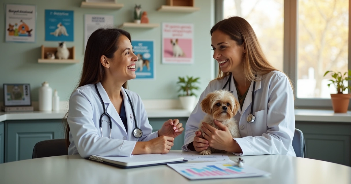 Veterinário conversando com tutora de pet em uma clínica moderna