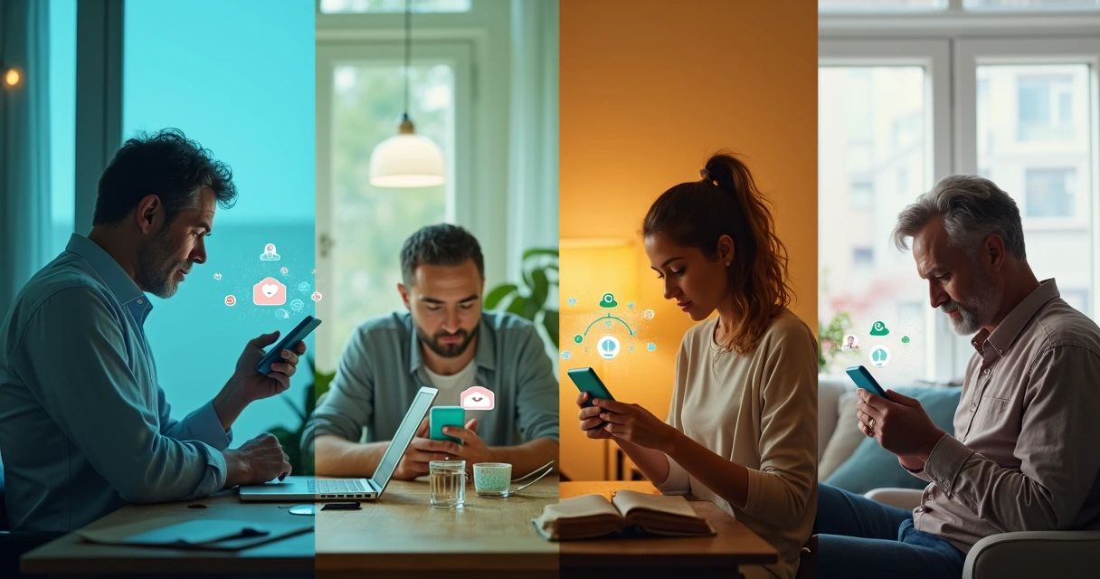 Montagem de pessoas diferentes recebendo mensagens personalizadas no celular 