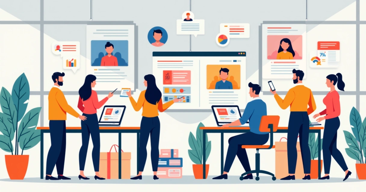 Equipe trabalhando na personalização de mensagens para clientes online