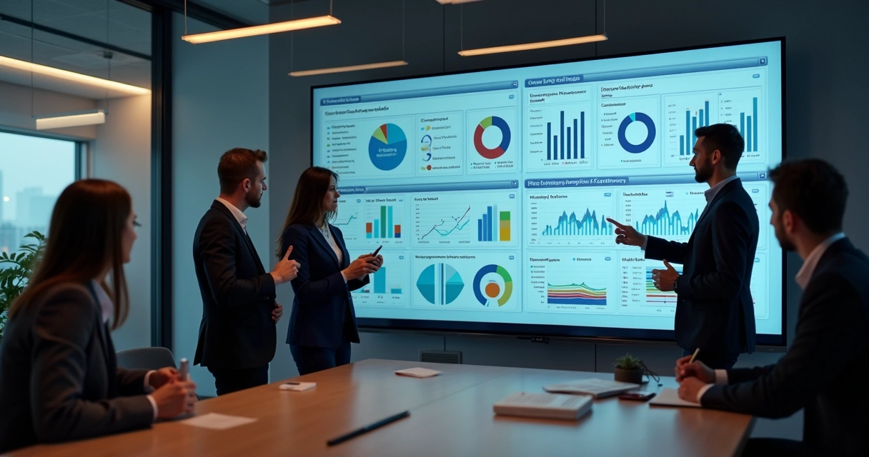 Equipe de negócios configurando painel de IA personalizado 