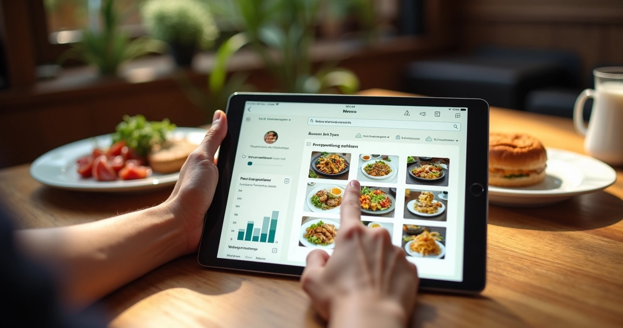 Mesa com tablet e cardápio digital sendo personalizado para pedidos de delivery