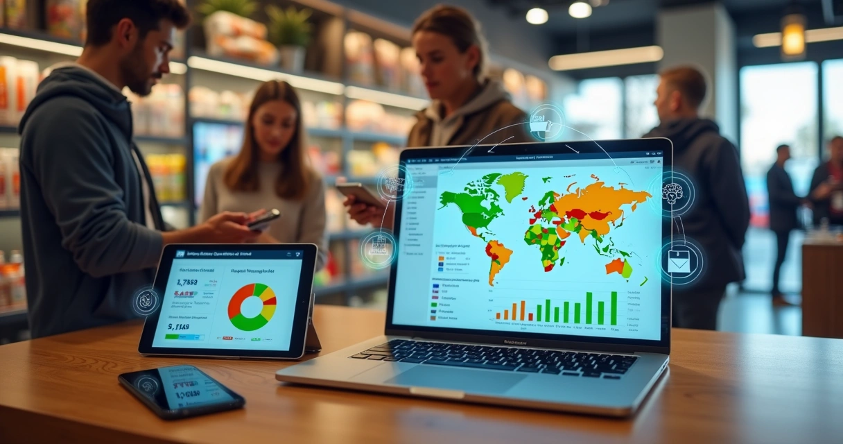 Dashboard com dados de clientes exibido em notebook em loja de varejo omnichannel 