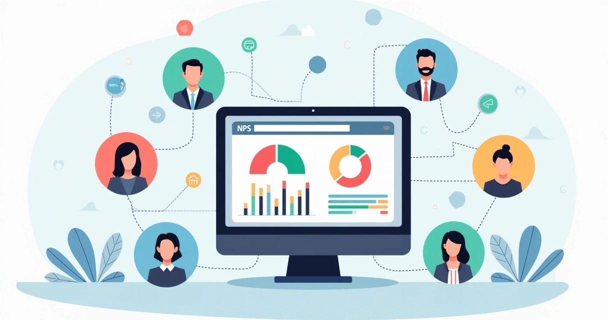 Ilustração corporativa mostrando tela de computador com gráfico de NPS e segmentação comportamental colorida ao redor 