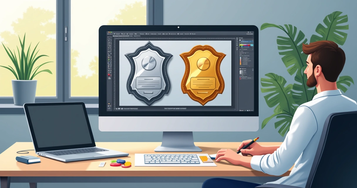Designer editando arte de placa comemorativa no computador. 