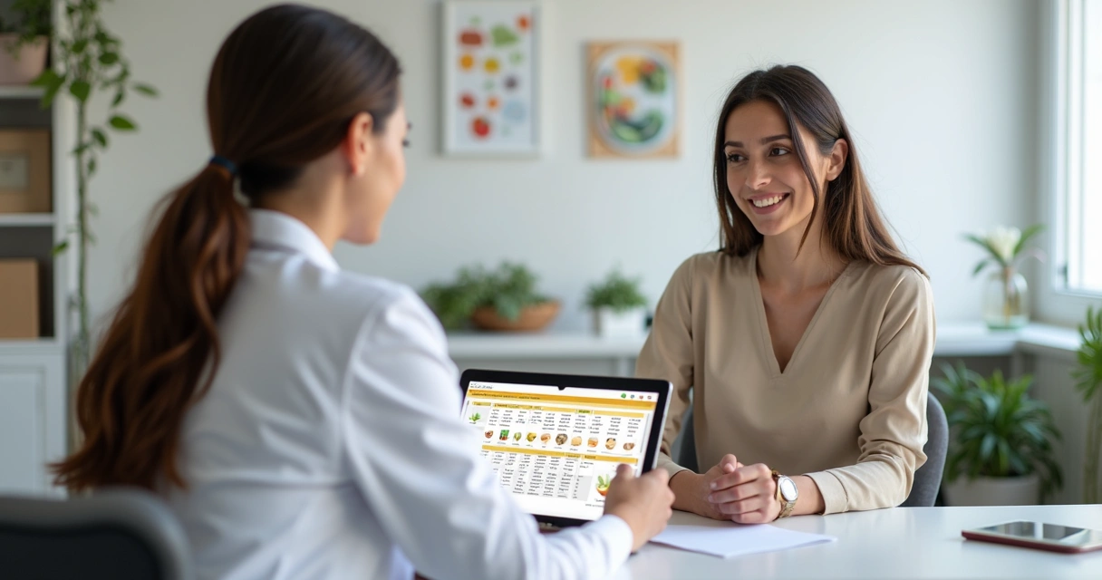 Nutricionista montando plano alimentar digital em tablet 