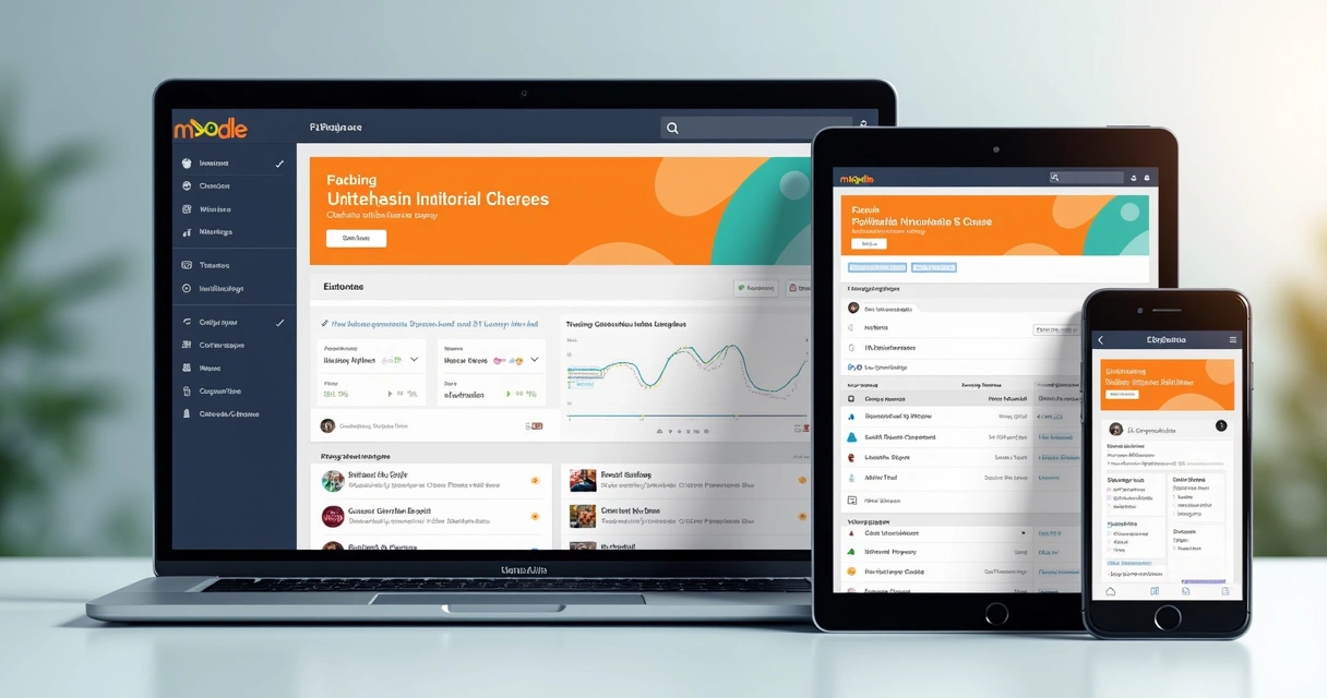 Tela do Moodle personalizada com cores e logo institucionais, mostrando diferentes dispositivos 