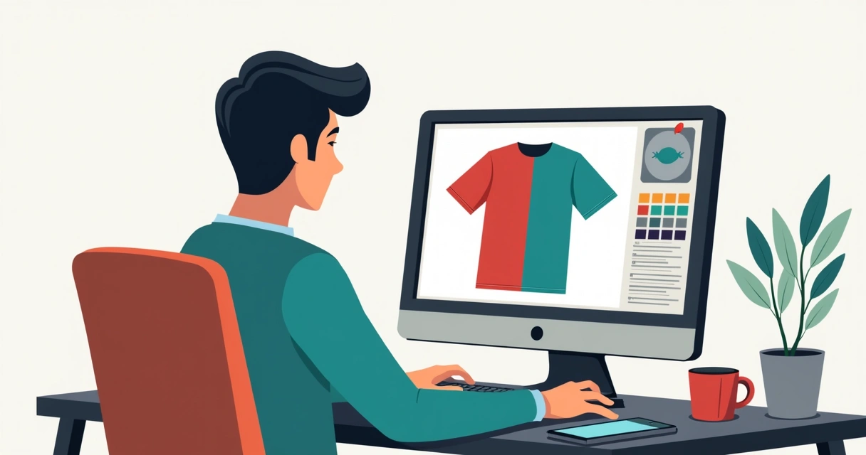 Usuário personalizando camiseta digitalmente em plataforma online 