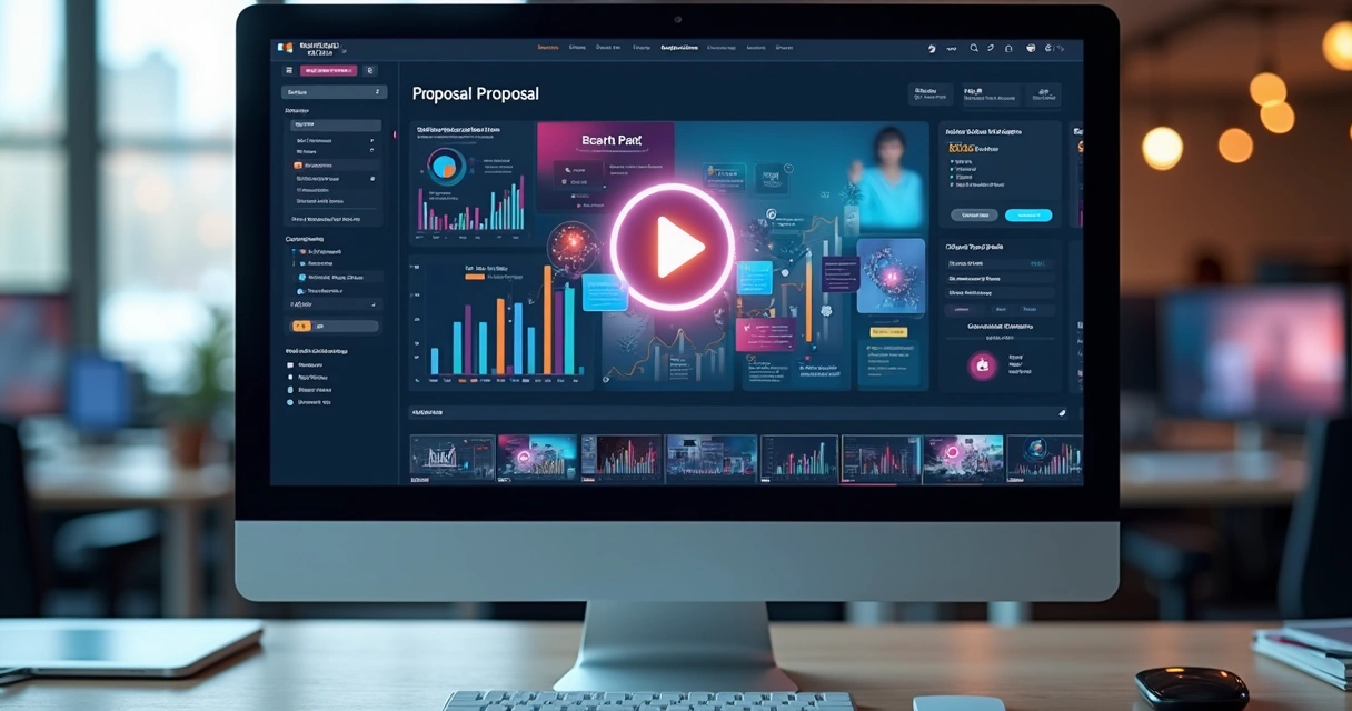 Tela de computador mostrando proposta digital personalizada com gráficos e vídeo embutido 
