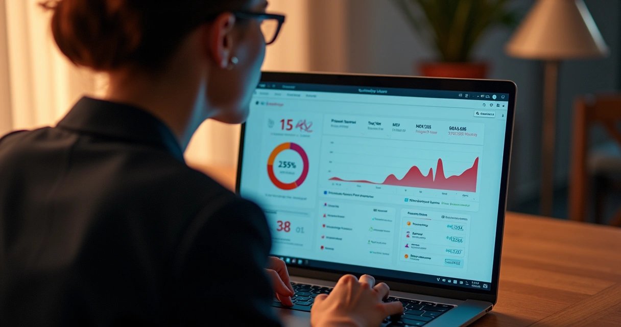 Pessoa olhando tela de computador com informações e estatísticas personalizadas do cliente, elementos digitais coloridos 