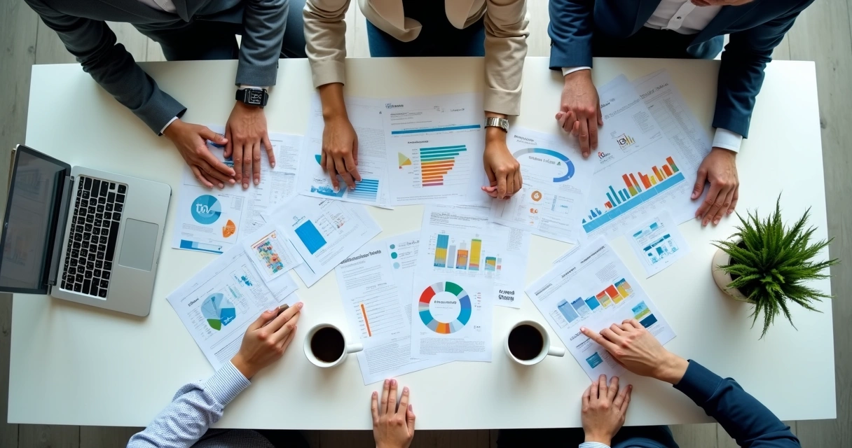 Vários relatórios contábeis personalizados dispostos em mesa de escritório 