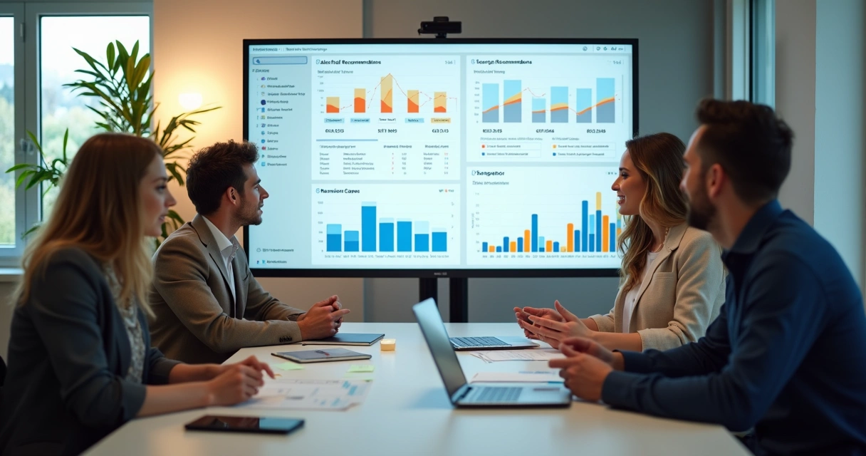 Equipe de marketing analisando dashboard de recomendações personalizadas para retenção de clientes em e-commerce 