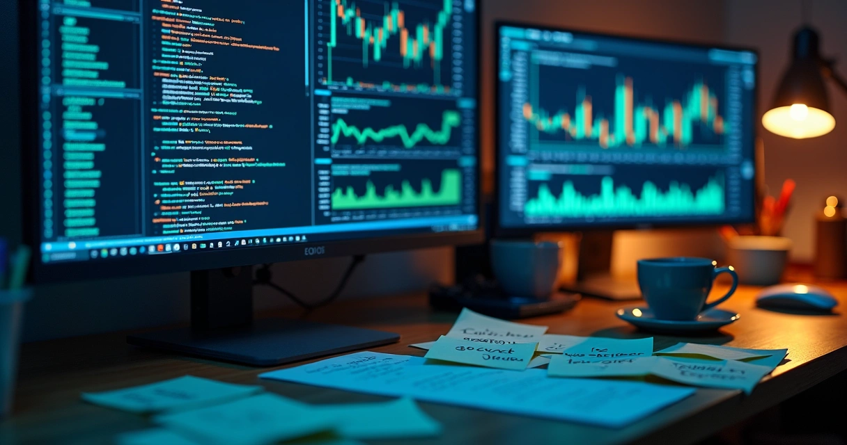 Tela de computador mostrando código de robô trader, gráficos financeiros e anotações em papel ao lado 