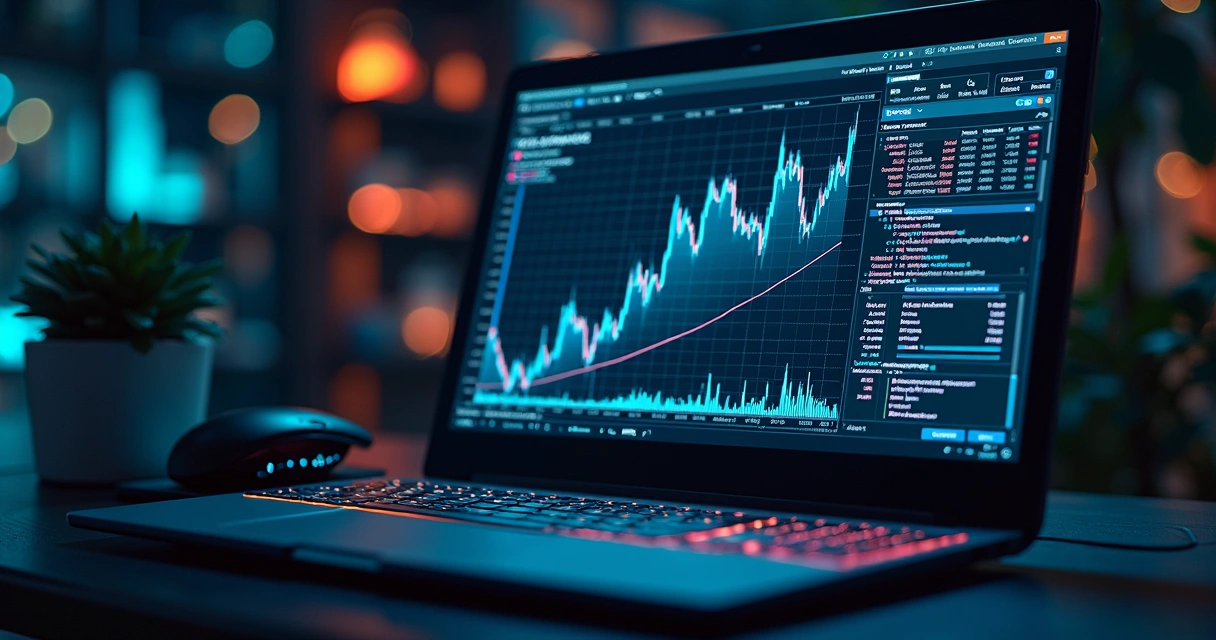 Tela de computador exibindo interface complexa de parametrização de robô trader com gráficos e códigos financeiros 