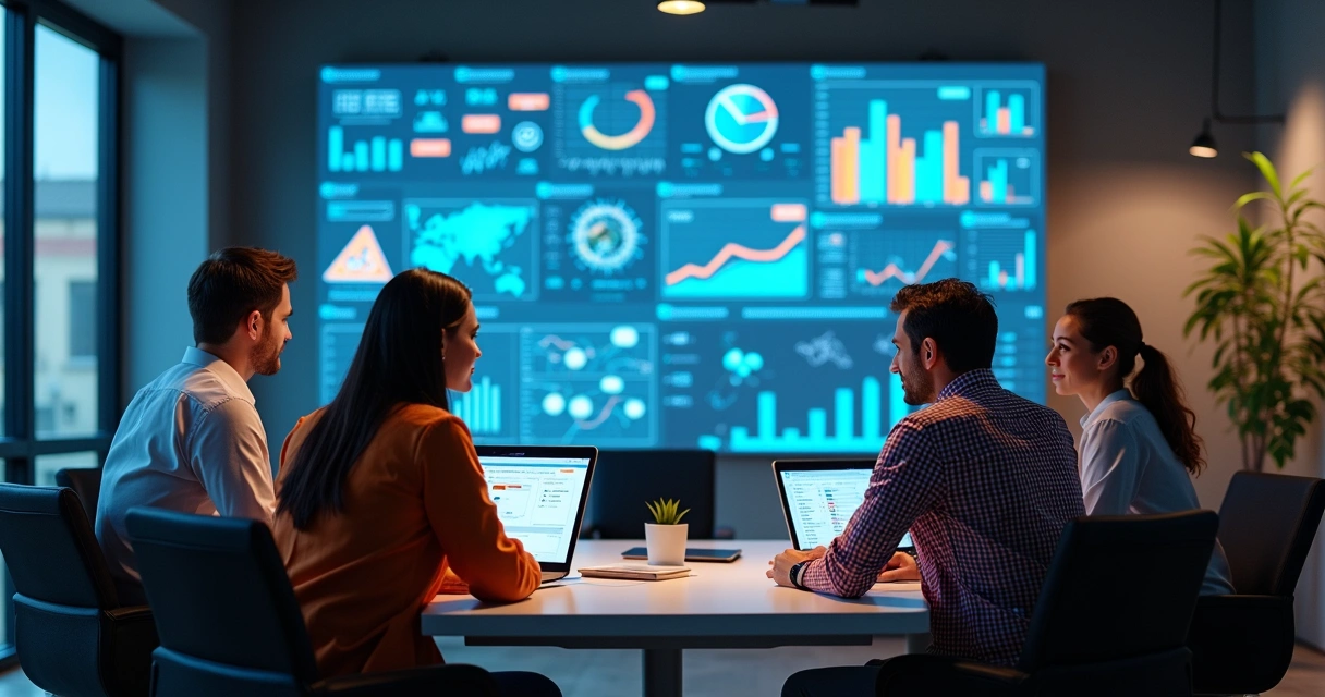 Equipe empresarial analisando gráficos de IA em diferentes setores empresariais. 