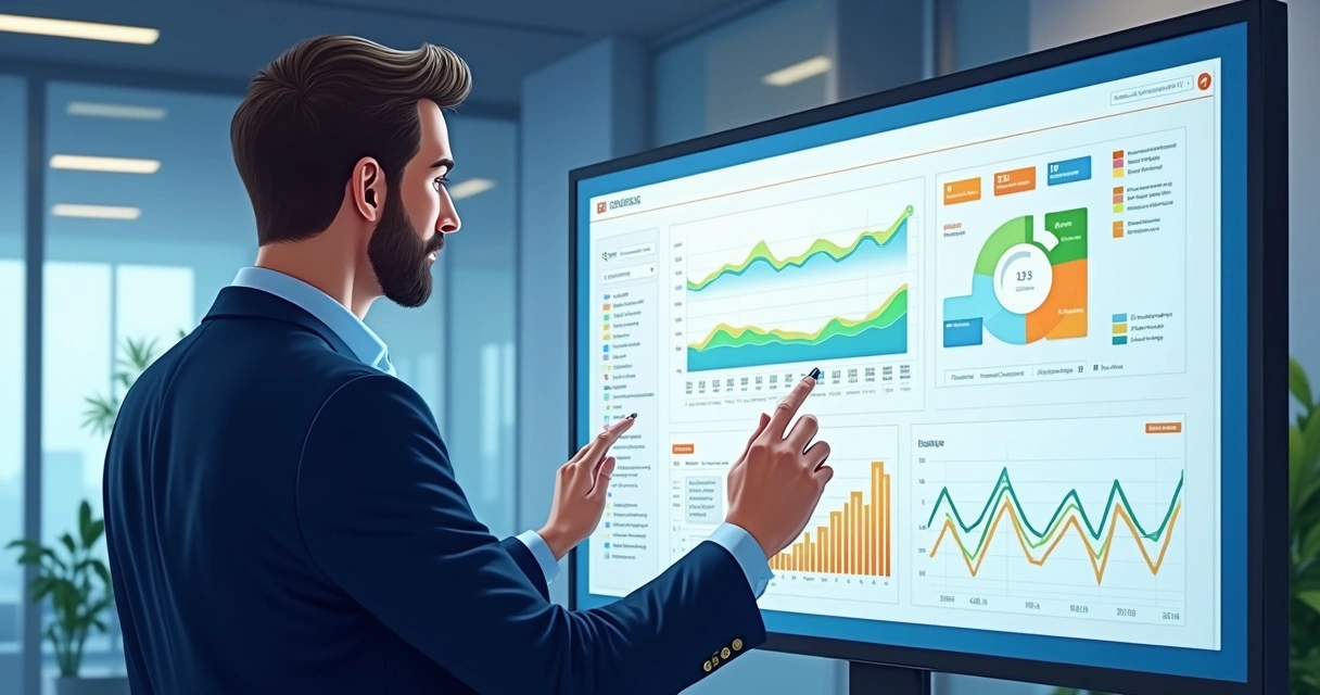 Profissional ajustando painel ERP personalizado com gráficos e fluxos integrados 