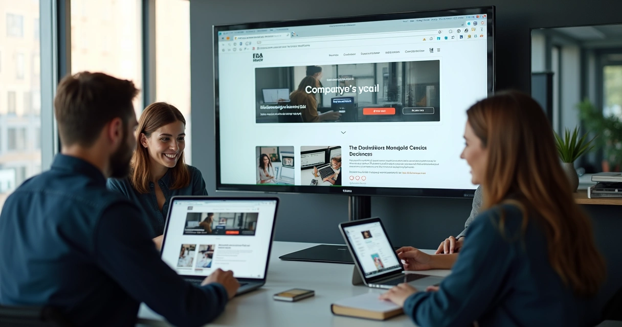 Equipe ajustando o layout personalizado de um site de empresa numa tela grande 