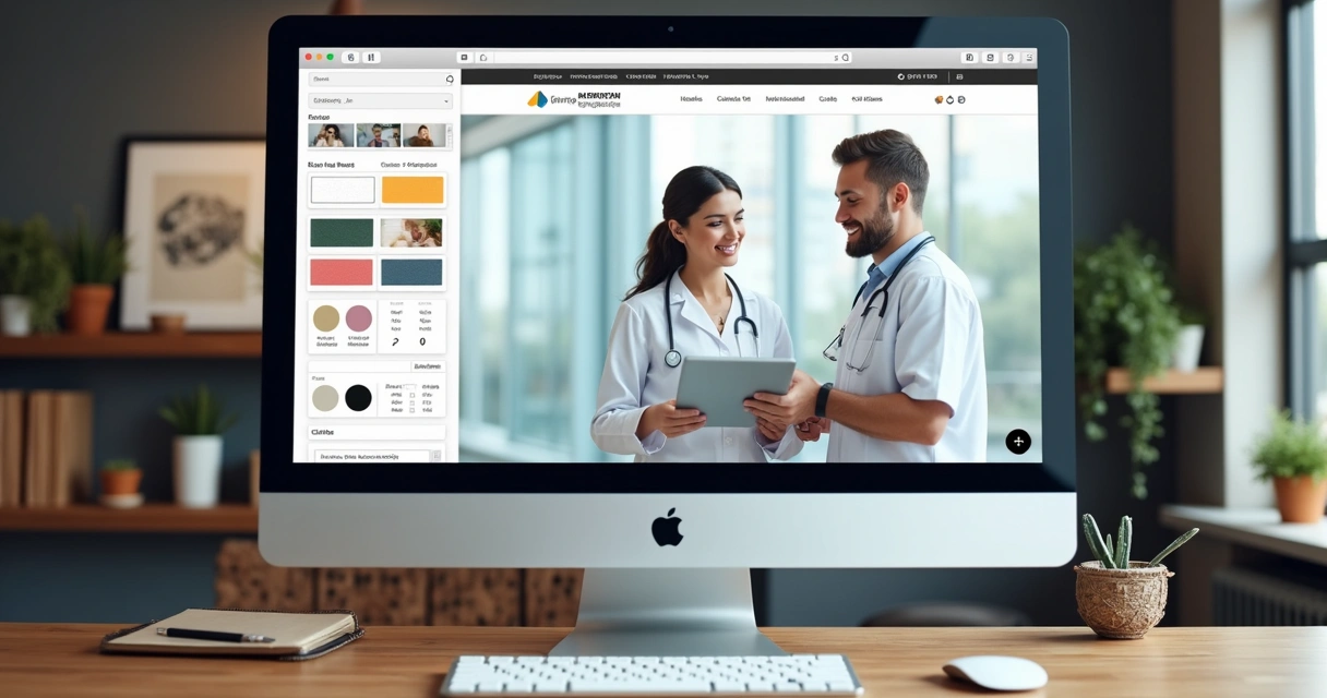 Editor visual mostrando personalização de site com cores e fontes diferentes