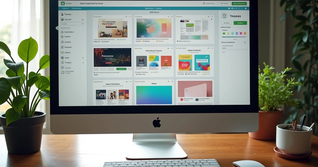 Personalização do layout de site em computador com opções de temas 