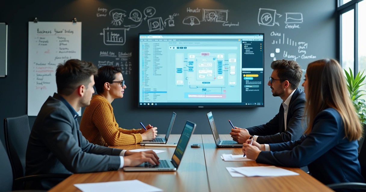 Desenvolvedores adaptando sistema de IA em reunião num escritório moderno 