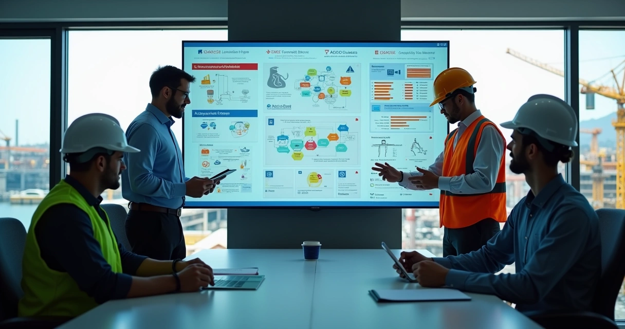 Equipe multidisciplinar analisando painel digital com soluções personalizadas para a empresa 