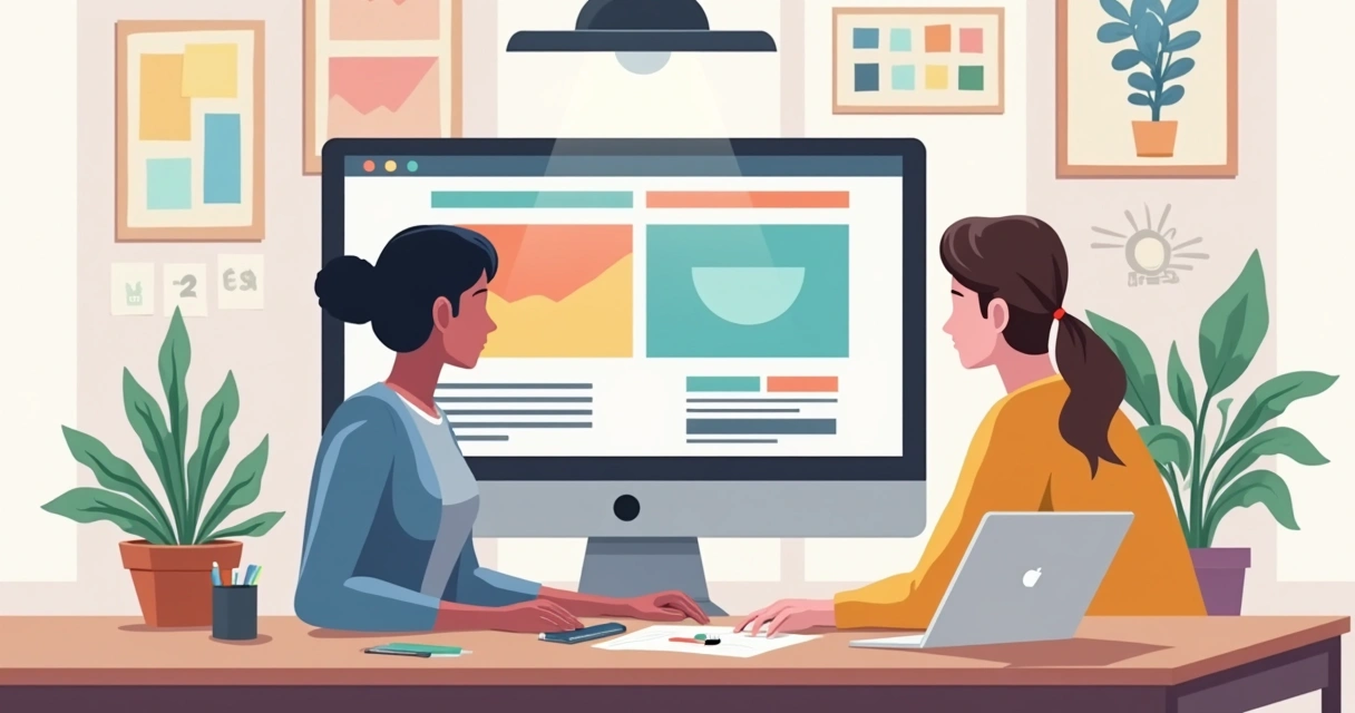 Designer personalizando template de site colorido em tela ampla, com opções de blocos e paleta de cores visíveis 