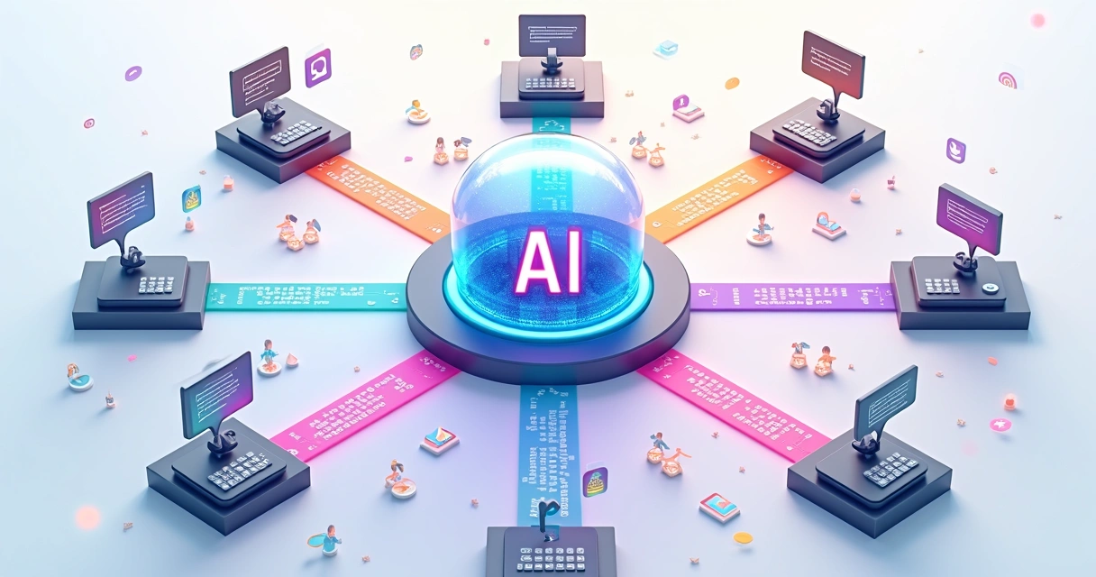 Ilustração de dados fluindo entre múltiplos canais digitais conectando uma IA central 