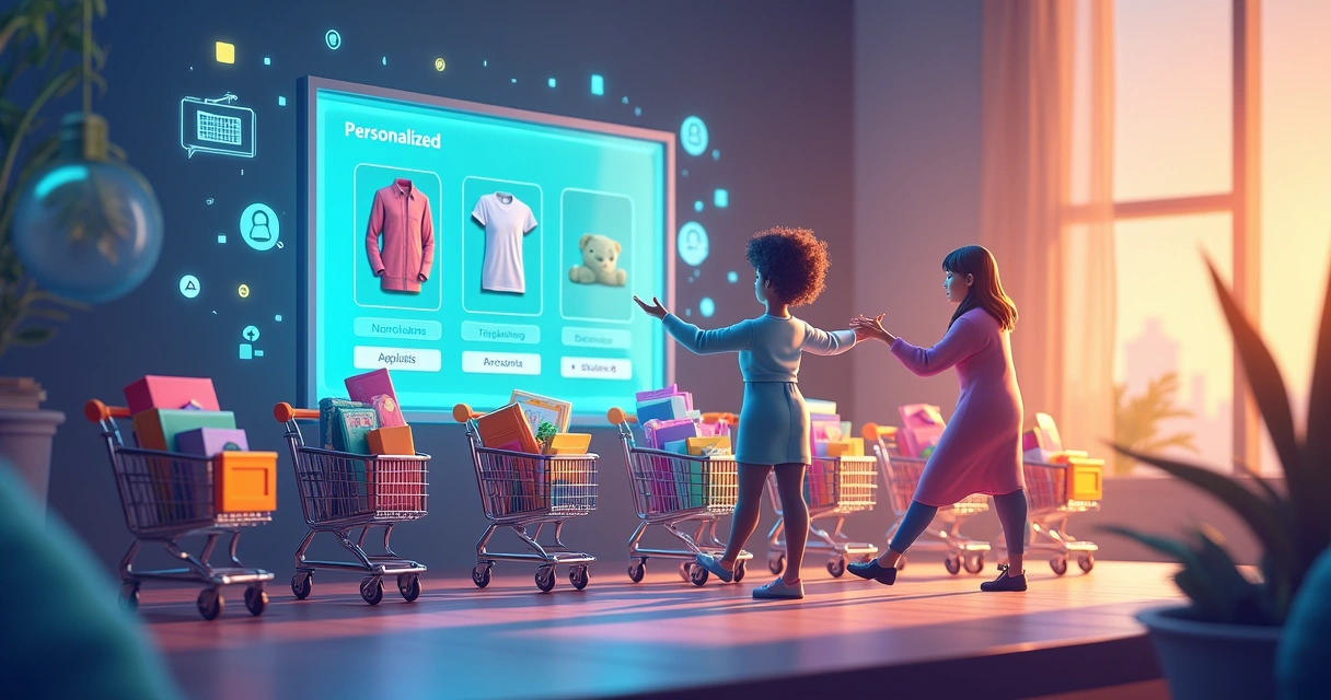 Ilustração mostrando carrinhos de compras com produtos personalizados, tela digital de recomendações e ícones de dados.