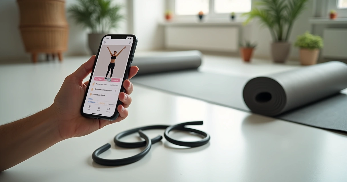 Smartphone exibindo aplicativo de treino com plano personalizado ao lado de tapete de yoga.