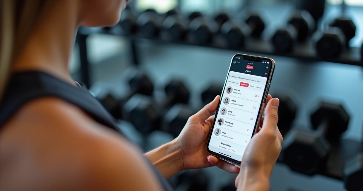 Pessoa consultando aplicativo de treino em smartphone na academia