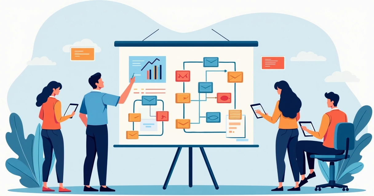 Profissional mapeando trilhas de aprendizagem em quadro digital, com ícones coloridos de habilidades e progresso 