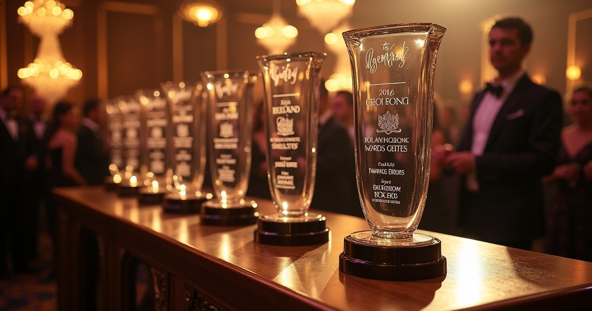 Linha de troféus personalizados em evento de gala com iluminação sofisticada 