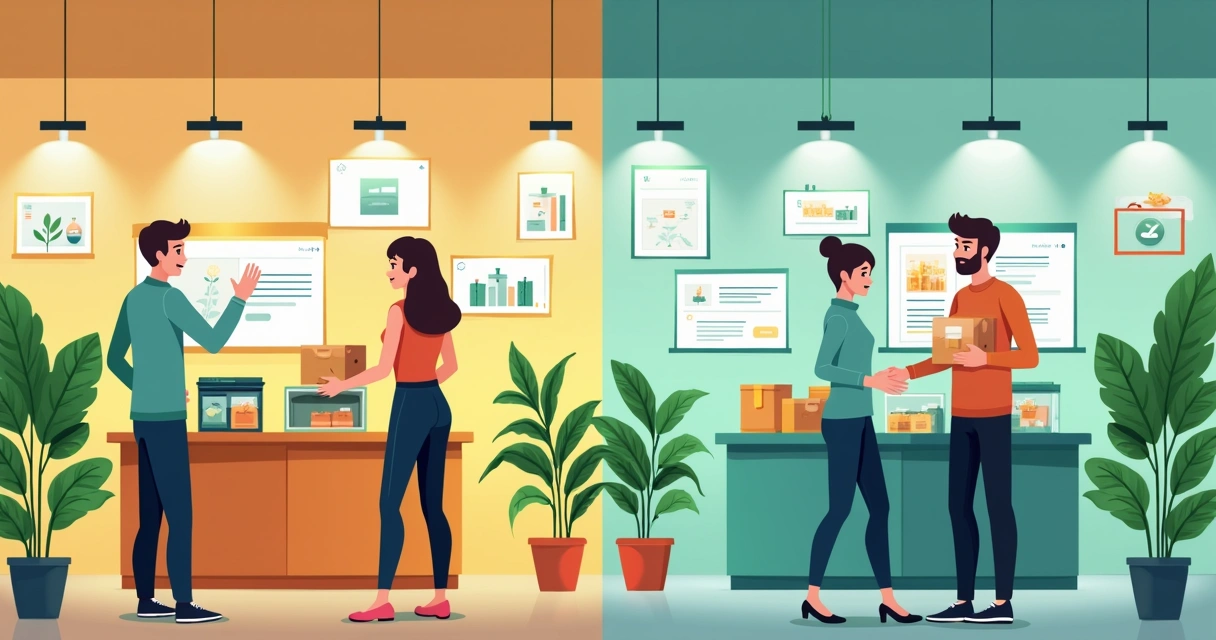 Loja com foco em personalização, automação e sustentabilidade, elementos verdes e digitais juntos 