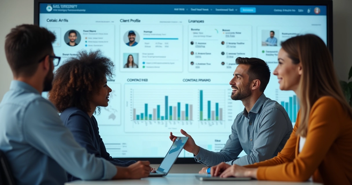 Equipe de vendas consultando dados detalhados no computador 