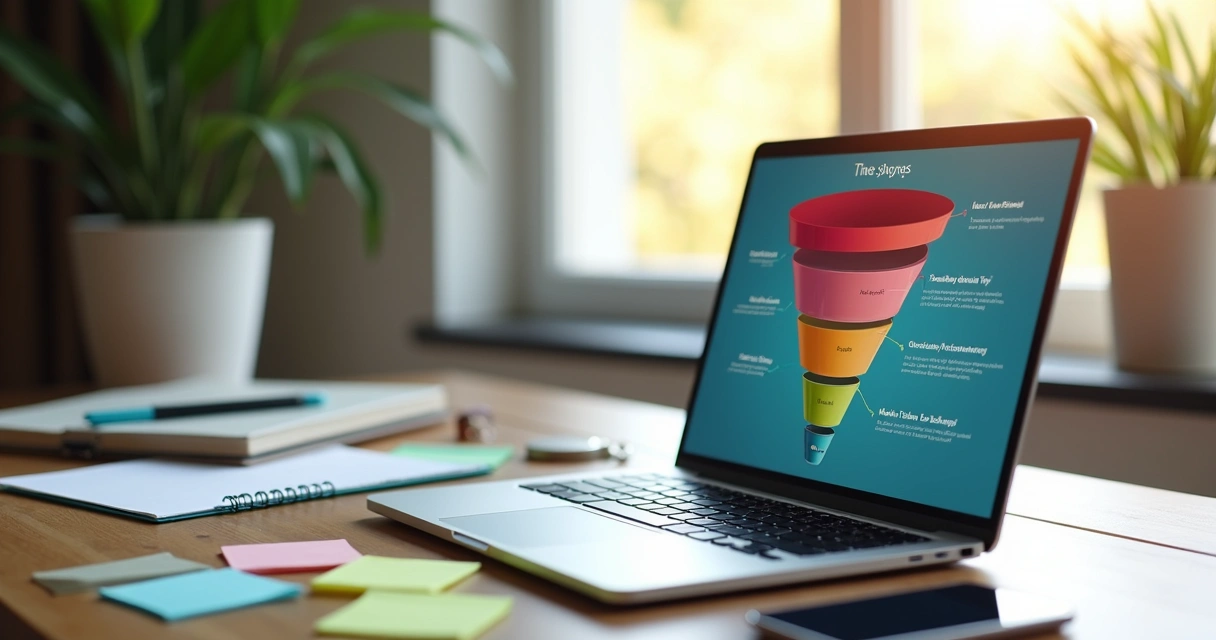 Notebook com funil de vendas personalizado na tela 