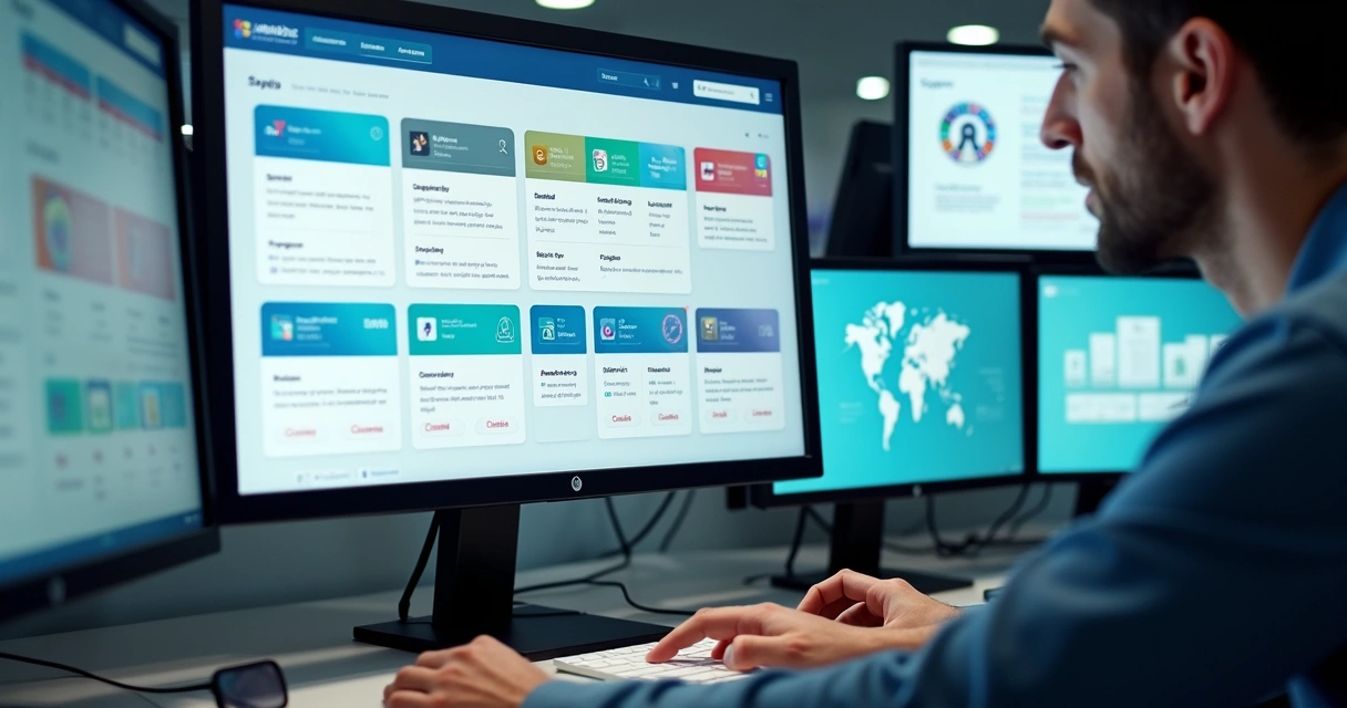 Painel de software com diferentes logotipos e cores em telas divididas
