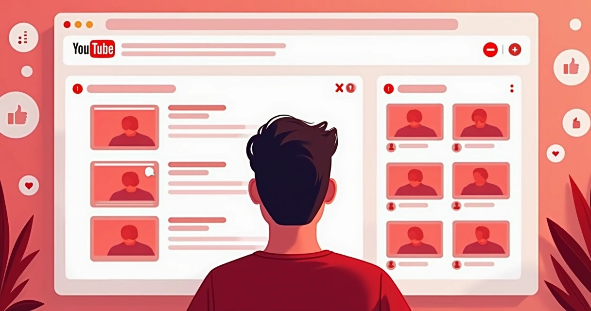 Tela do YouTube mostrando recomendações personalizadas, usuário com rosto neutro e gráficos de preferências 