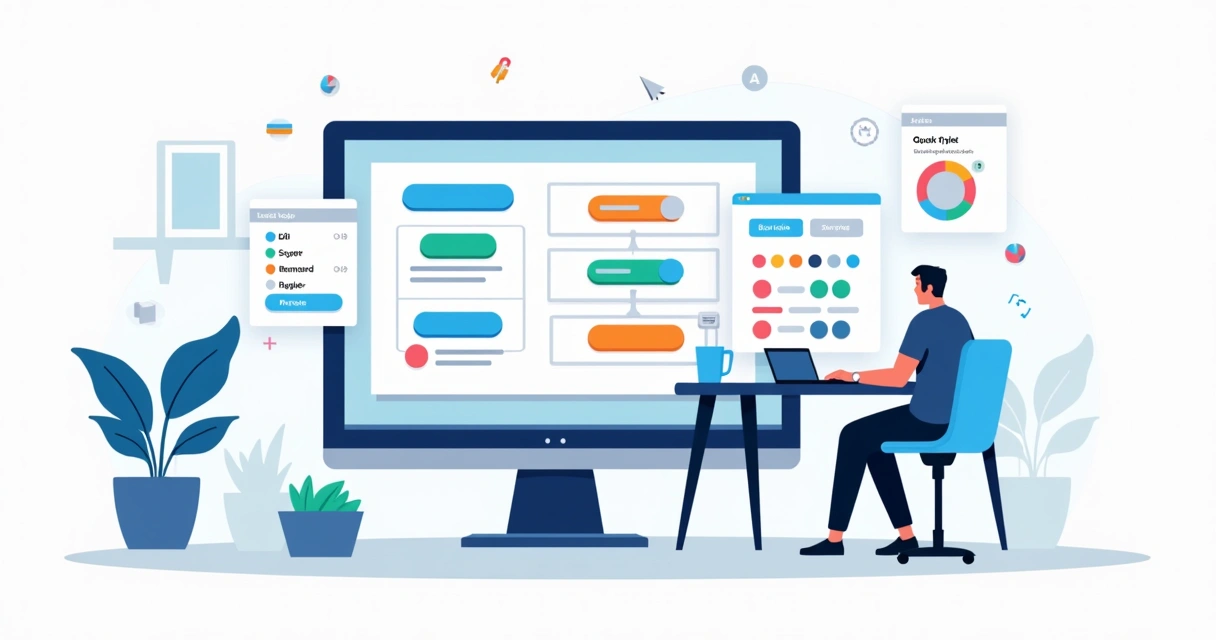 Designer ajustando botões coloridos em interface de landing page 
