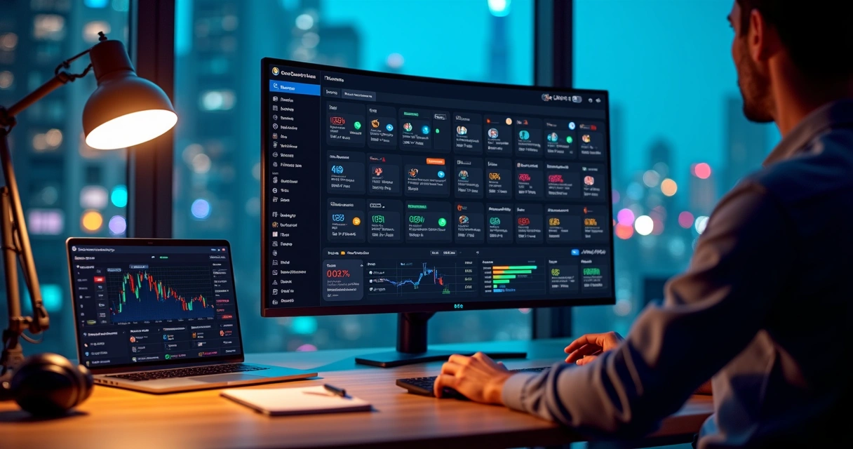 Investidor ajustando configurações de bot de social trading em painel colorido 