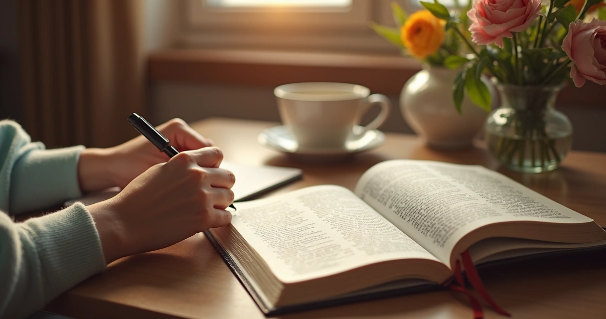 Woman writing in a personalized devotional journal on a wooden desk with Bible and flowers 
