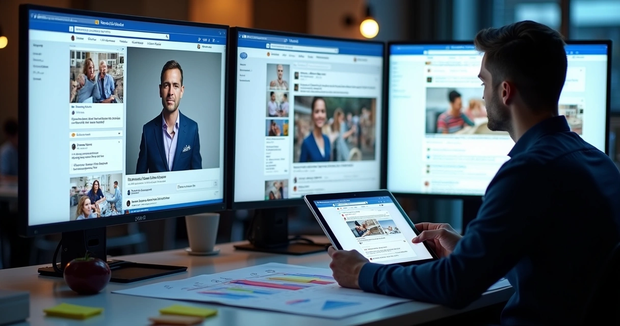 Dynamic Facebook ad previews for different user personas on multiple screens. 