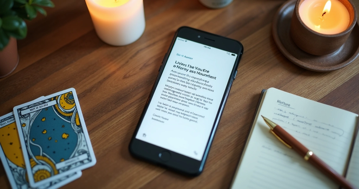 Phone showing a personalized follow-up message beside tarot cards and notes 